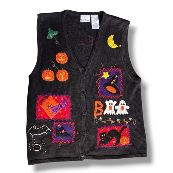 Bobbie Brooks Sweaters - Vintage Bobbie Brooks Halloween Sweater Vest Applique Beaded Witch Cat Ghost L
